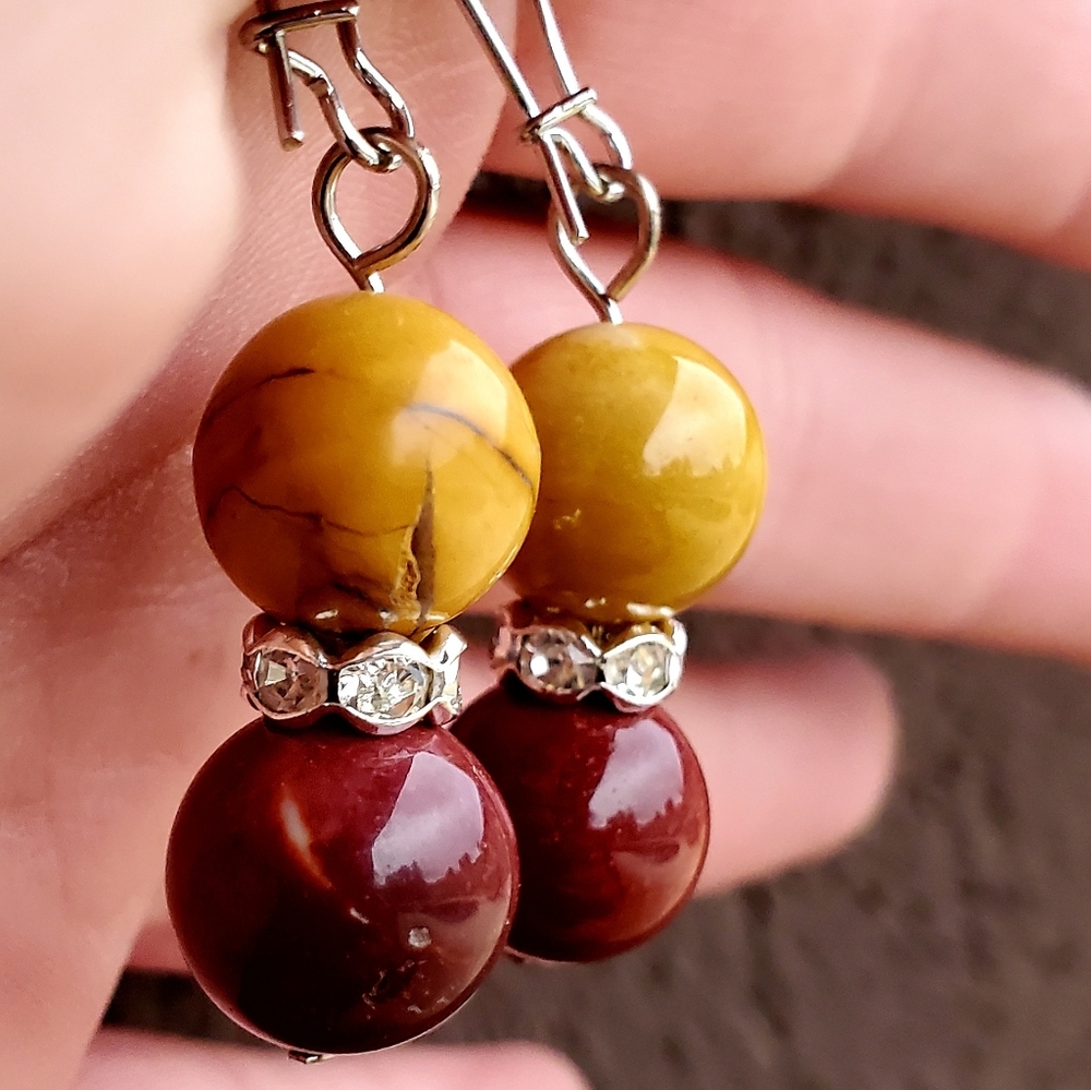 New Mookaite Jasper Round Ball & Rhinestone Earrings.